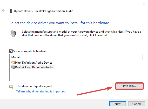 Выбор 'Установить с диска' для драйвера