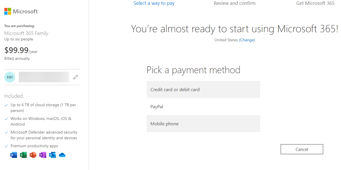Форма ввода платёжной информации для подписки Microsoft 365