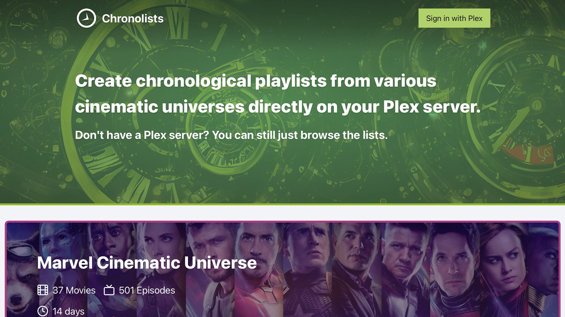 Скриншот главной страницы Chronolists с баннером киновселенной Marvel.