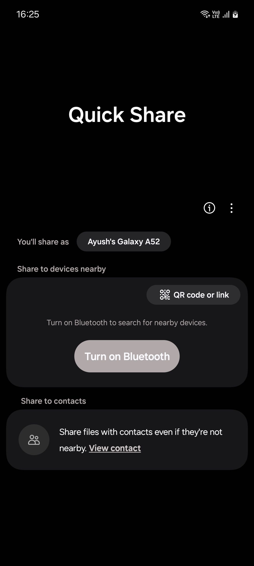 Главный экран Quick Share на Samsung с доступными опциями обмена