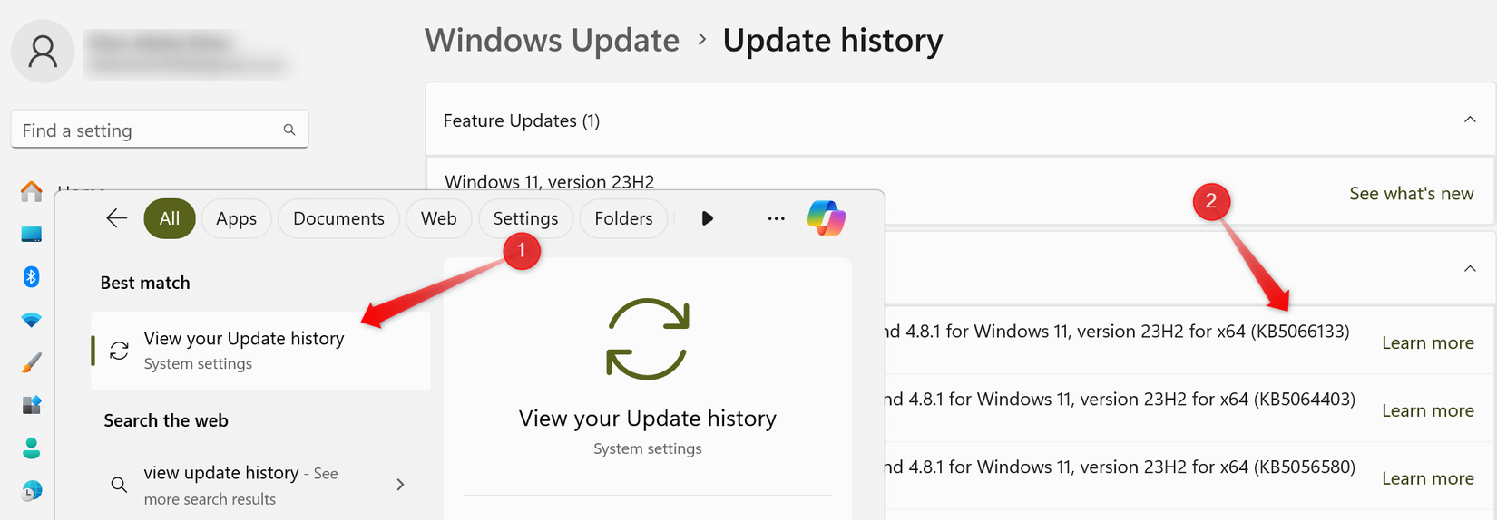 Проверка номера KB недавнего обновления в Windows.