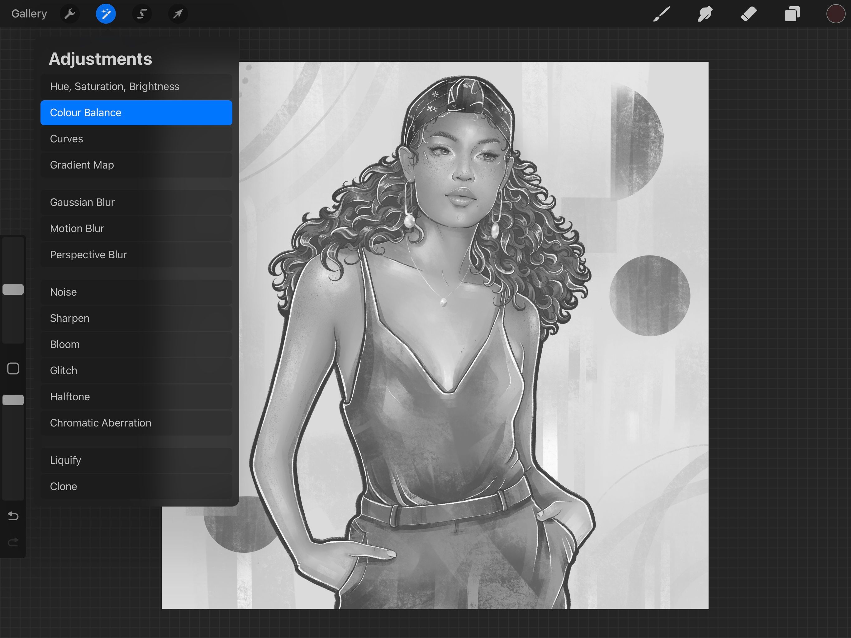 Скриншот приложения Procreate с выделенным инструментом Color Balance в меню Adjustments