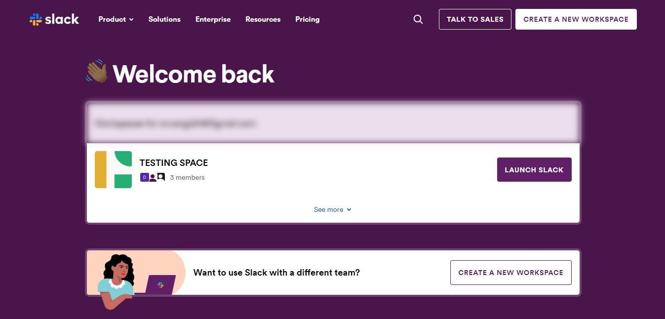 Страница рабочих пространств Slack