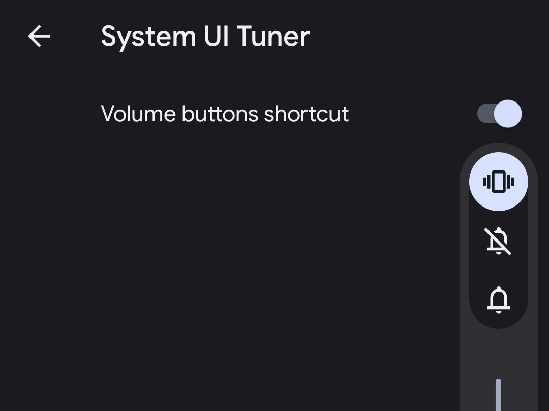 Экран с настройками System UI Tuner и ярлыком Volume