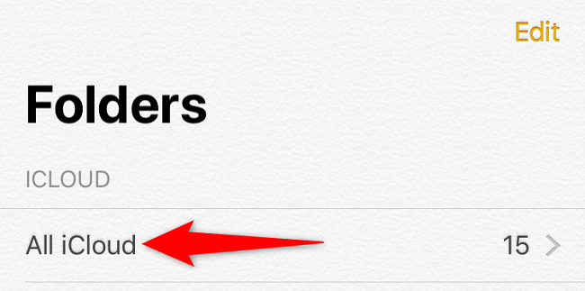 Выбор «Все iCloud» в приложении Notes