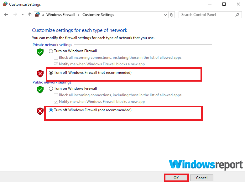 Диалог отключения брандмауэра Windows