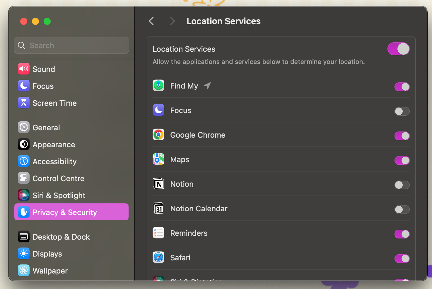 Страница Службы геолокации в Системных настройках macOS