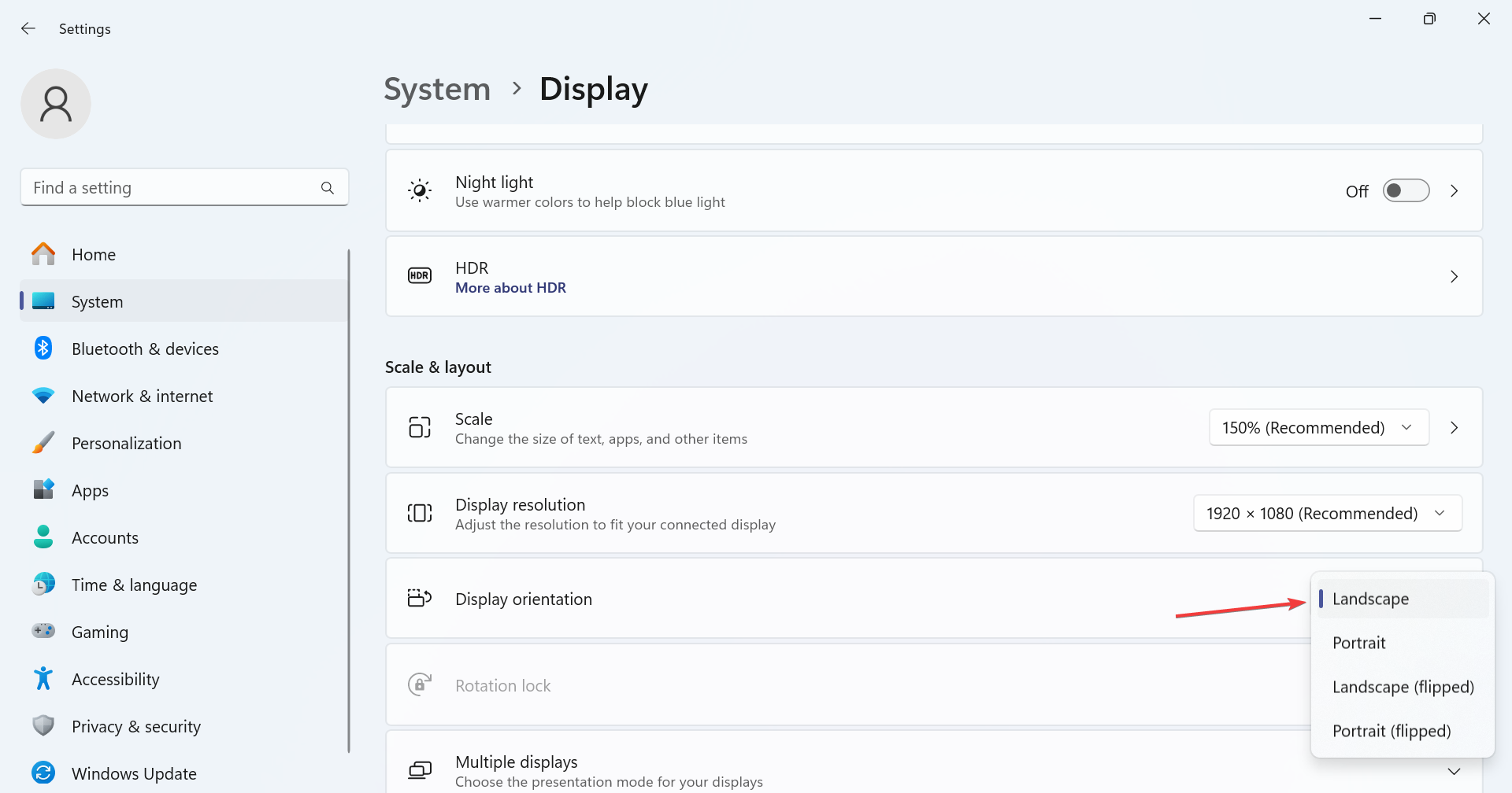 Настройка ориентации в Параметрах Windows