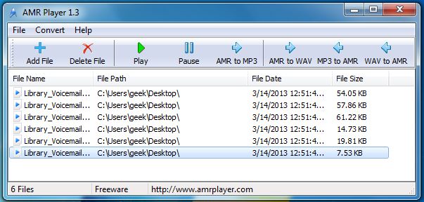 Voicemails importés dans AMR Player