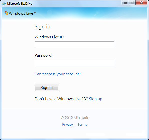 Окно входа в SkyDrive: запрос учётной записи Microsoft