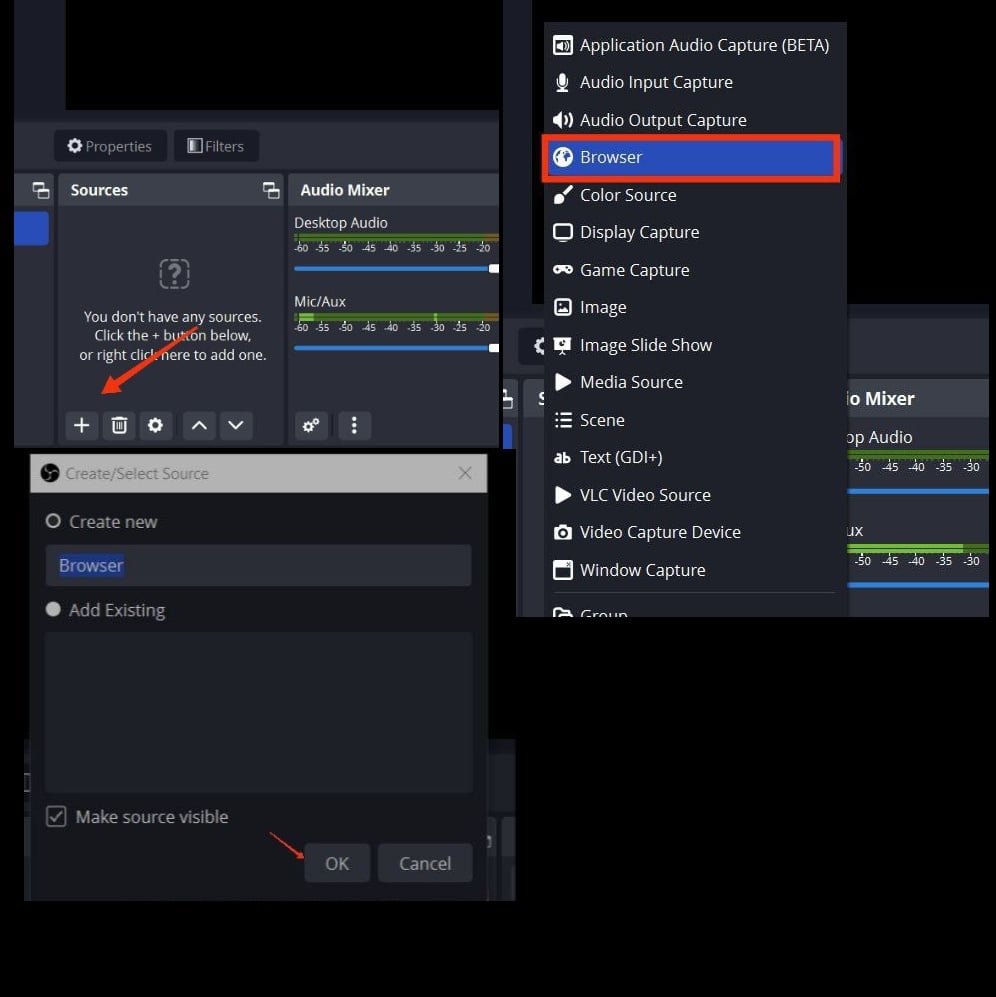 добавление browser source в obs