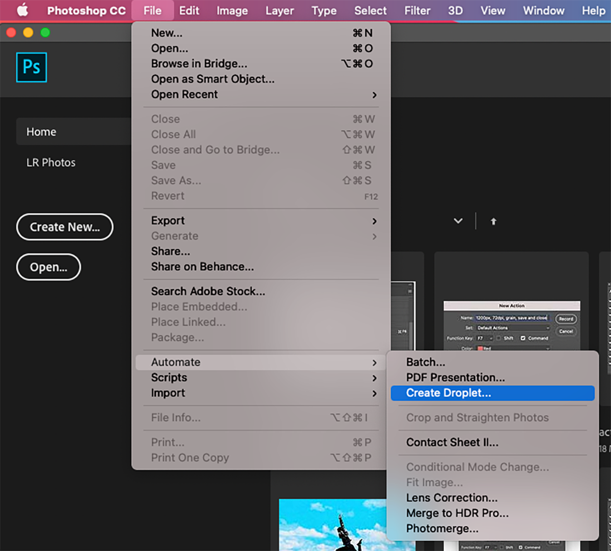 Выбор Create Droplet в меню Photoshop