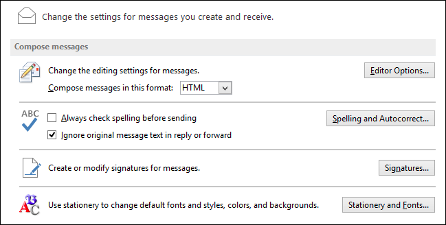 Параметры Mail с опциями редактора, автосохранения и уведомлений