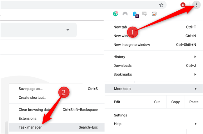 Нажмите кнопку «Ещё», затем «Дополнительные инструменты», затем «Диспетчер задач» или нажмите Search + Esc