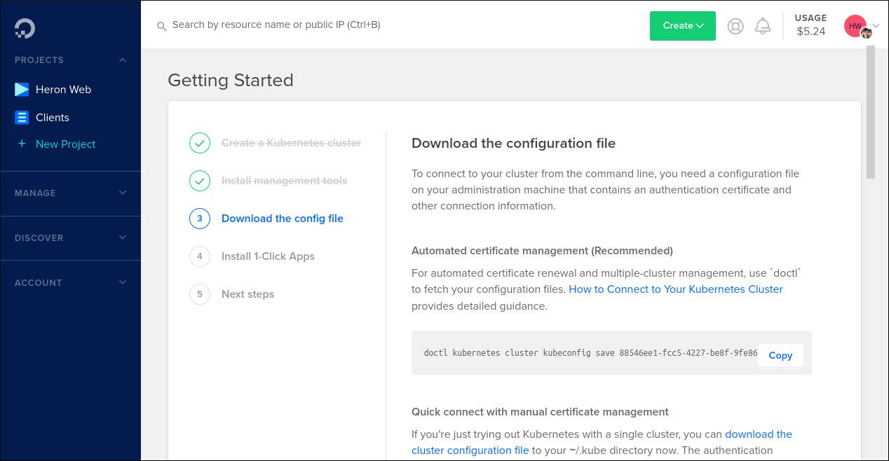 Экран загрузки kubeconfig и информации об истечении сертификата