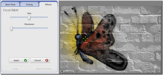 Центральный объект остаётся цветным, фон становится ч/б