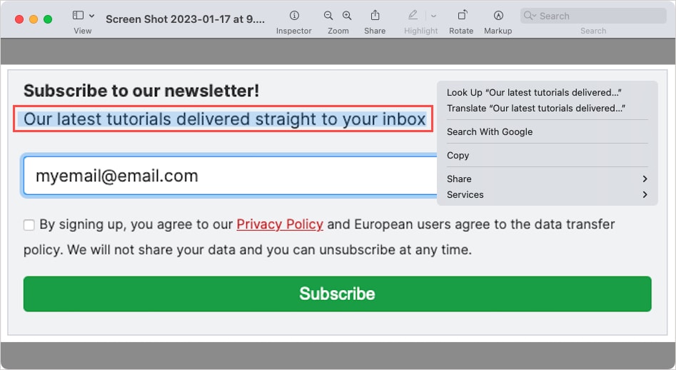 Действия для выделенного текста в Preview на Mac
