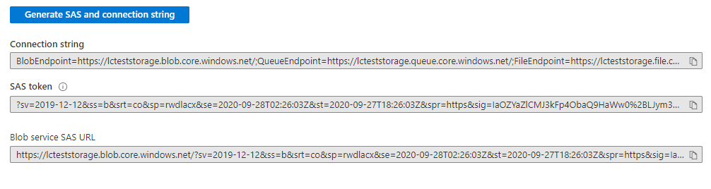 Скопируйте SAS URL для Blob service