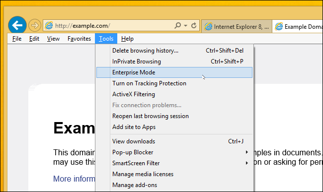 Включение Enterprise Mode через меню Сервис в Internet Explorer 11