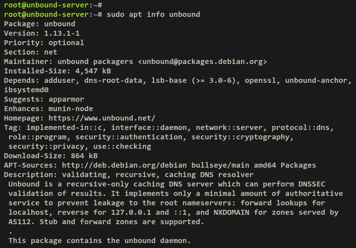 Вывод apt info для пакета unbound