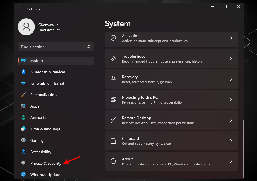 Страница настроек безопасности Windows