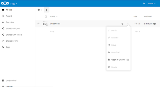 Открытие документа в ONLYOFFICE через меню Nextcloud