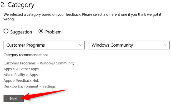 Выбор категории и подкатегории проблемы в Feedback Hub