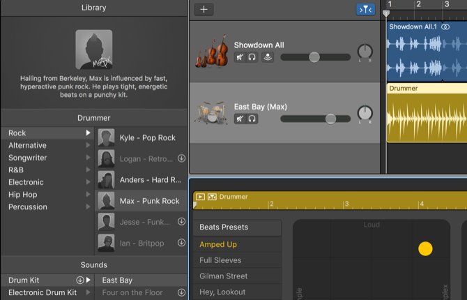 панель Drummer в GarageBand