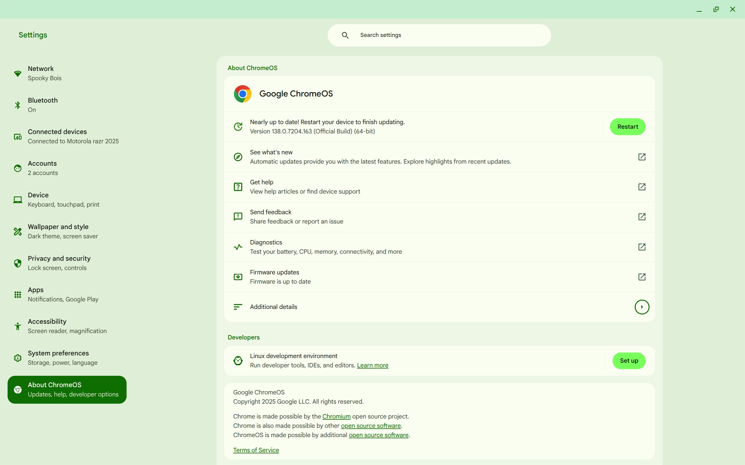 The 'About ChromeOS' section of the Chromebook Settings app