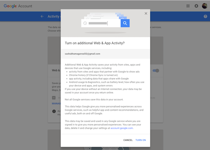 Отключение активности Chrome в аккаунте Google