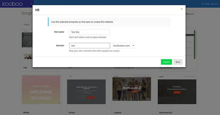Форма задания имени и домена сайта Kooboo