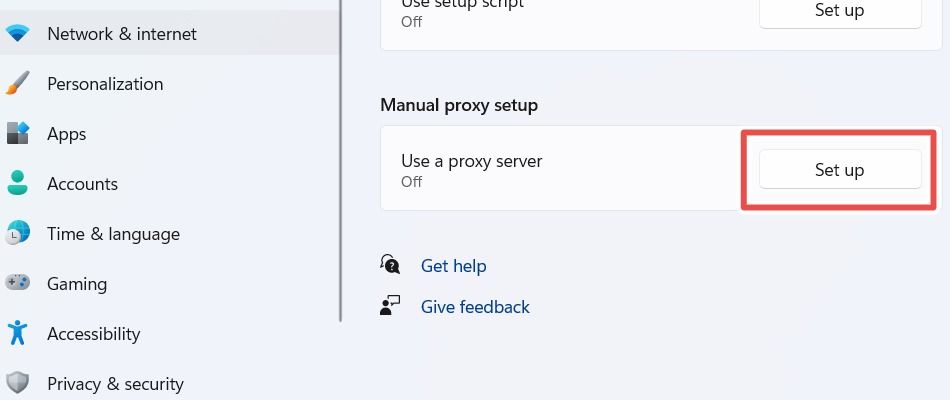 Кнопка настройки ручного прокси в Windows 11.