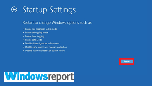 Экран перезагрузки для выбора параметров запуска