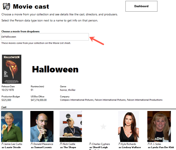 Вкладка Cast: выбор фильма и отображение состава