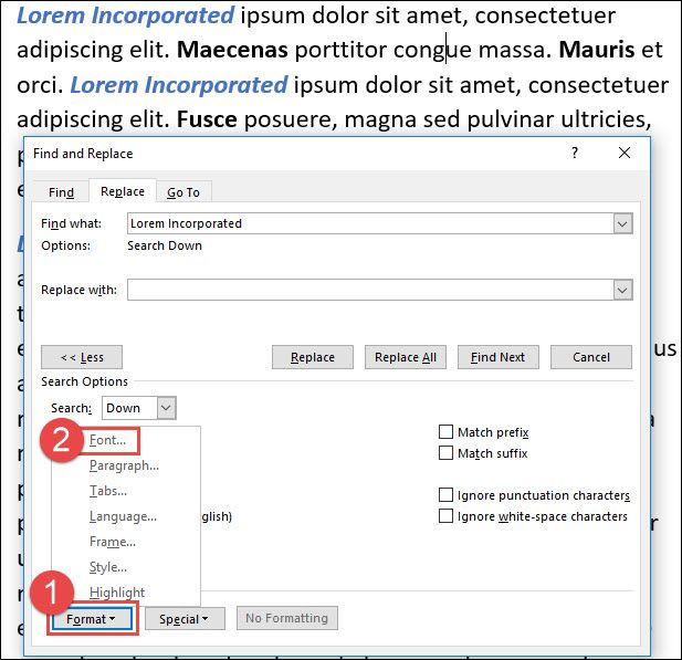 Кнопка 'Формат' в диалоге 'Найти и заменить'
