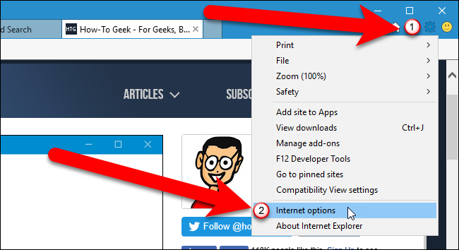Открытие Internet options в Internet Explorer