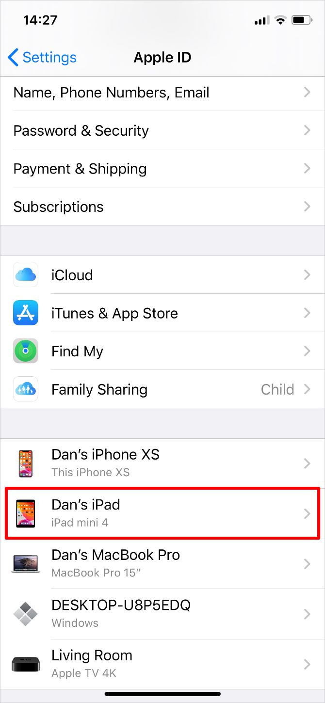 Apple ID settings highlighting iPad