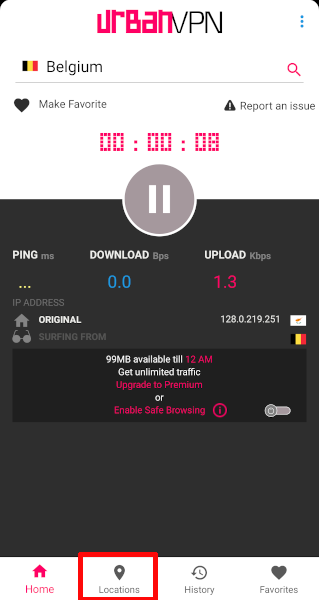Вкладка «Местоположения» в приложении Urban VPN