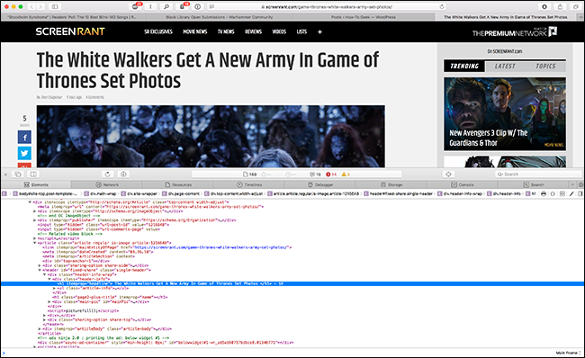 Панель разработчика с исходным HTML страницы