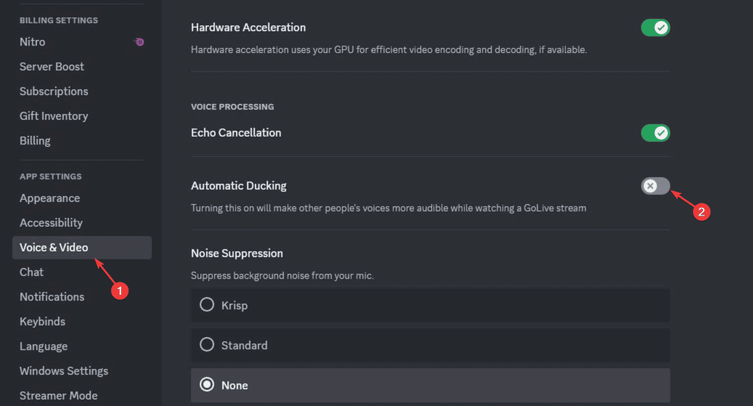 Раздел доп. настроек голоса в Discord