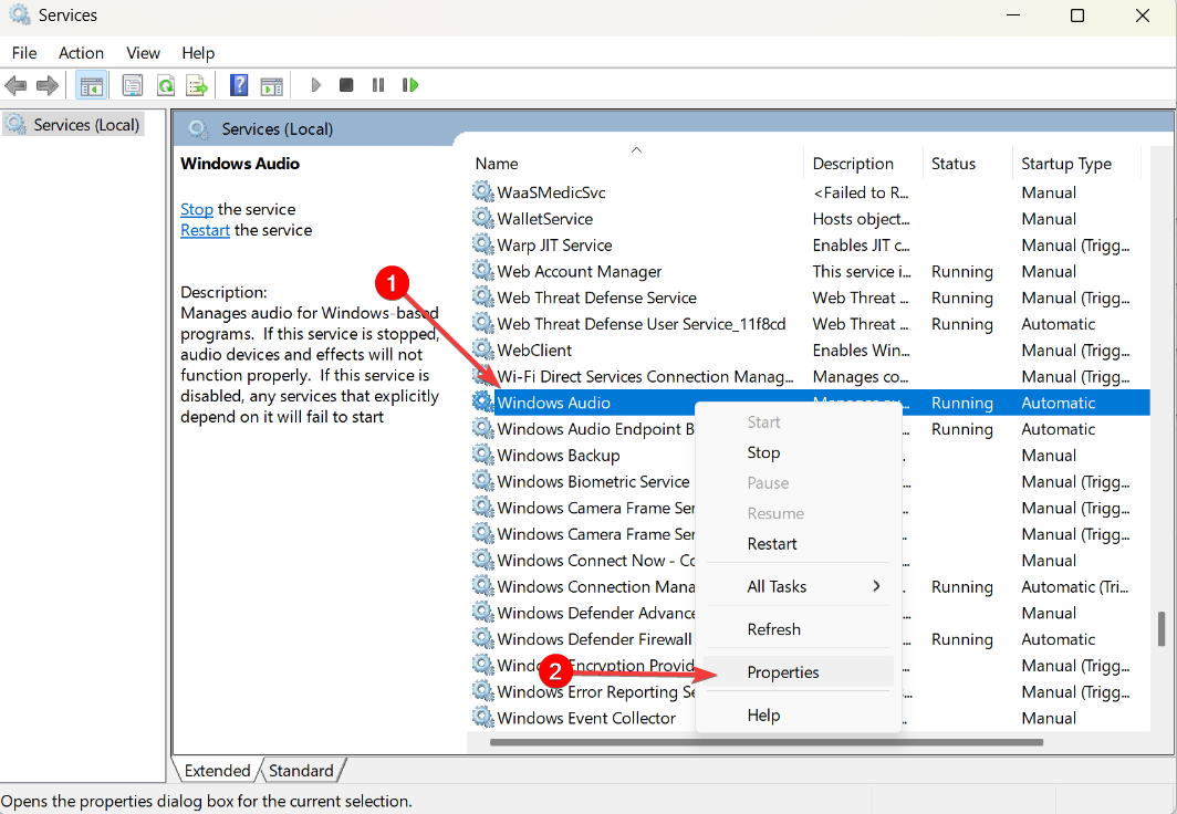 Свойства службы Windows Audio