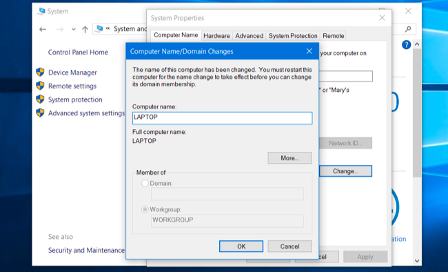 Окно свойства системы с вкладкой имя компьютера