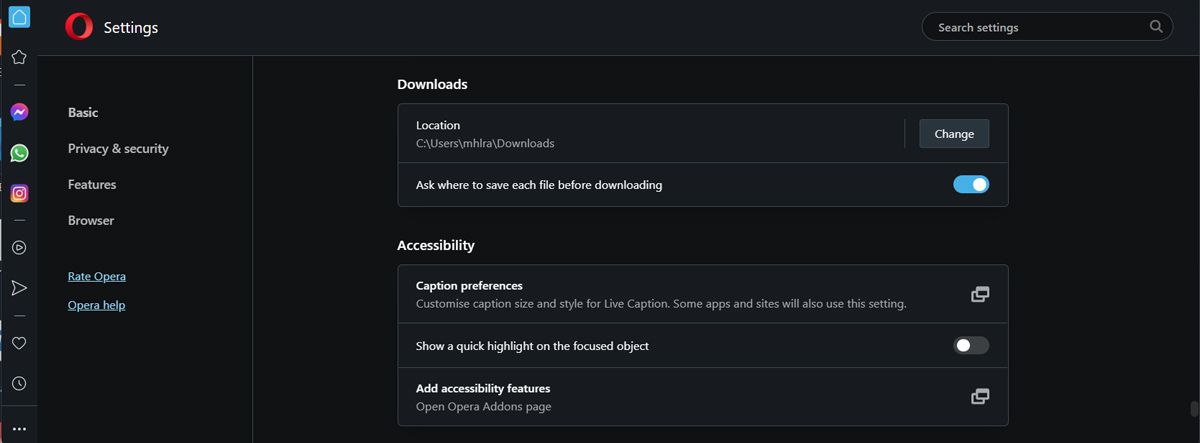 Настройки загрузок в Opera