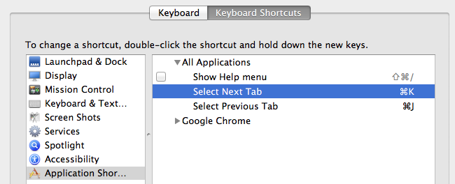 Список созданных сочетаний: Select Next Tab → ⌘K, Select Previous Tab → ⌘J