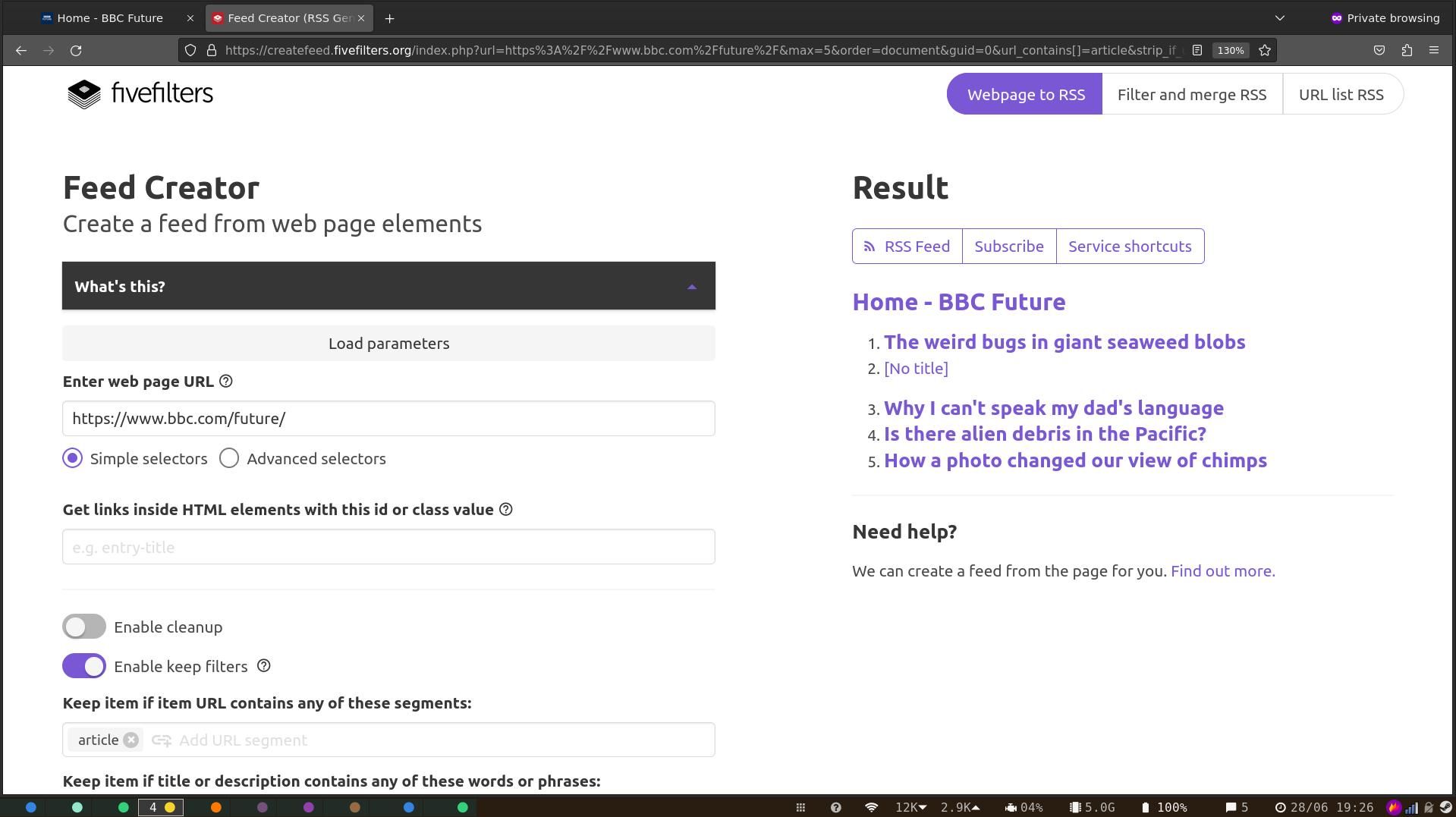 Интерфейс FiveFilters для создания фида