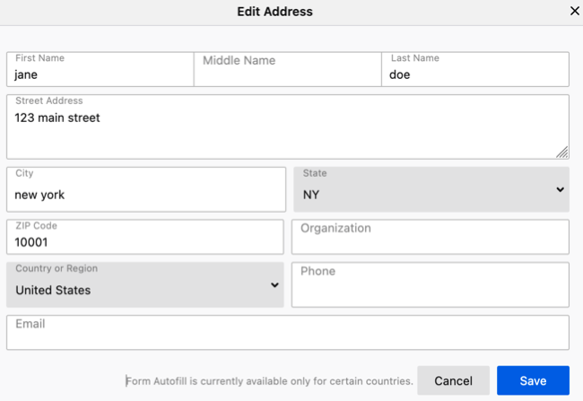 Форма добавления нового автозаполнения адреса