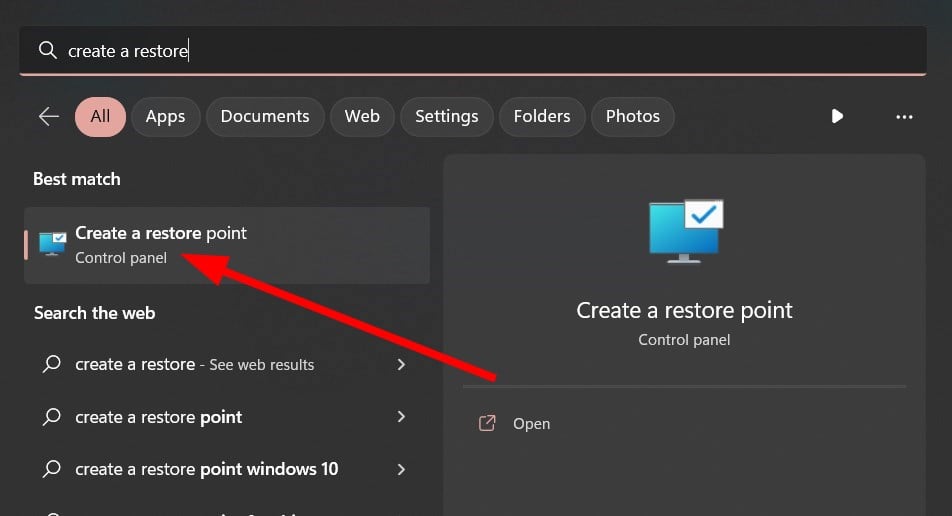 Окно создания точки восстановления