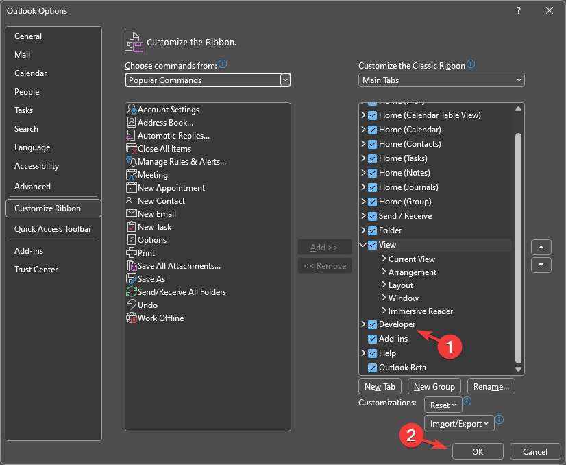Включение вкладки Разработчик (Developer) в настройках ленты