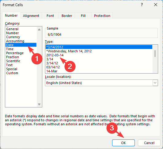 Диалог Формат ячеек — выбор формата Дата