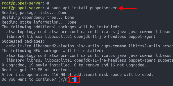 Установка Puppet Server через apt — подтверждение Y